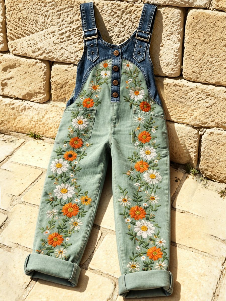 Women's Retro Style Art Print Washed Cotton Denim Patchwork Jumpsuit